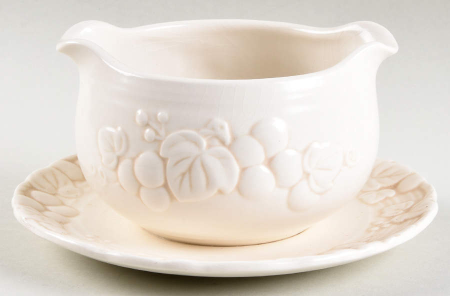 Antique Grape White Round Gravy Boat/Attached Underplate by Metlox - Poppytrail - Vernon-1