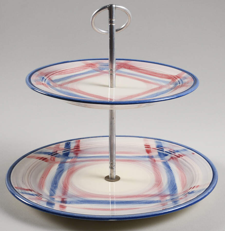 Calico Pink Blue (Plaid) 2 Tiered Serving Tray (Luncheon & Salad Plate) by Metlox - Poppytrail - Vernon-1