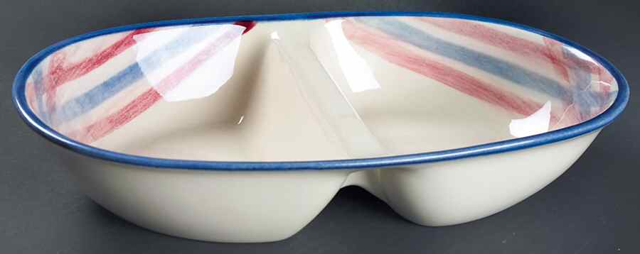 Calico Pink Blue (Plaid) 11" Oval Divided Vegetable Bowl by Metlox - Poppytrail - Vernon-1