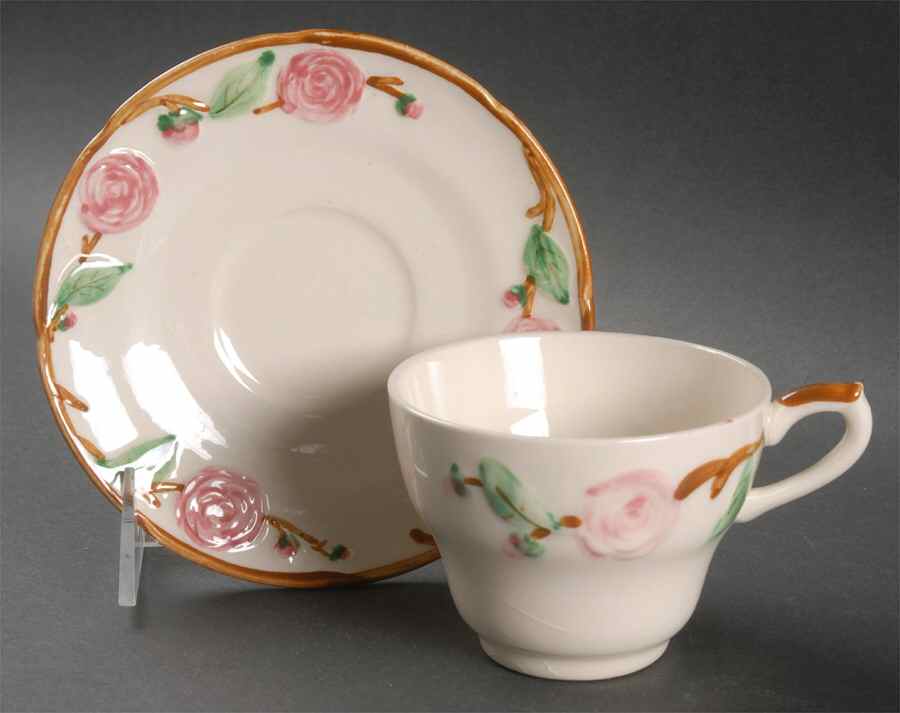 Camellia (Brown Trim) Flat Cup & Saucer Set by Metlox - Poppytrail - Vernon-1