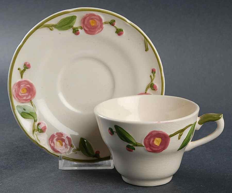 Camellia (Green Trim) Flat Cup & Saucer Set by Metlox - Poppytrail - Vernon-1