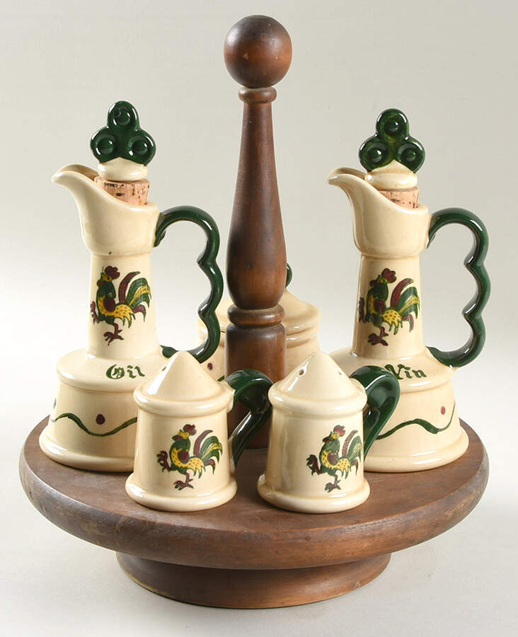 California Provincial (9 Piece) Condiment Set (Jar, S&P, V&O &Wood Base) by Metlox - Poppytrail - Vernon-1