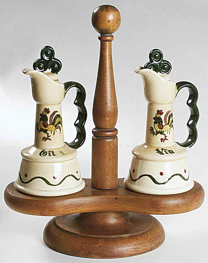 California Provincial Vinegar and Oil Set with Wood Stand by Metlox - Poppytrail - Vernon-1