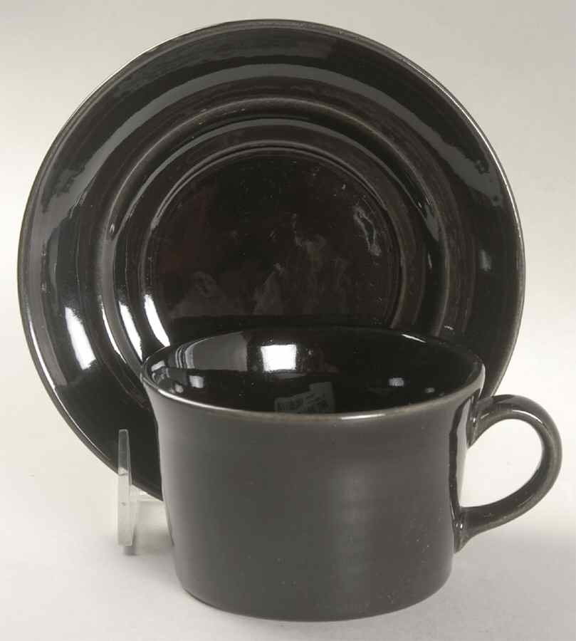 Colorstax Black Flat Cup & Saucer Set by Metlox - Poppytrail - Vernon-1