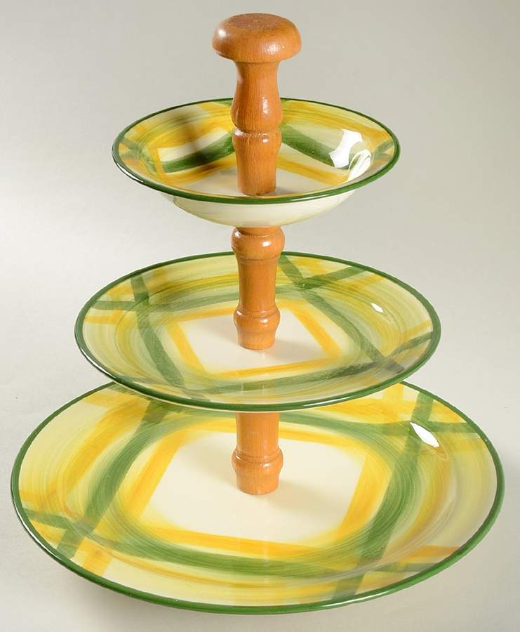 Gingham Green 3-Tiered Serving Tray (DP, SP, FR) by Metlox - Poppytrail - Vernon-1