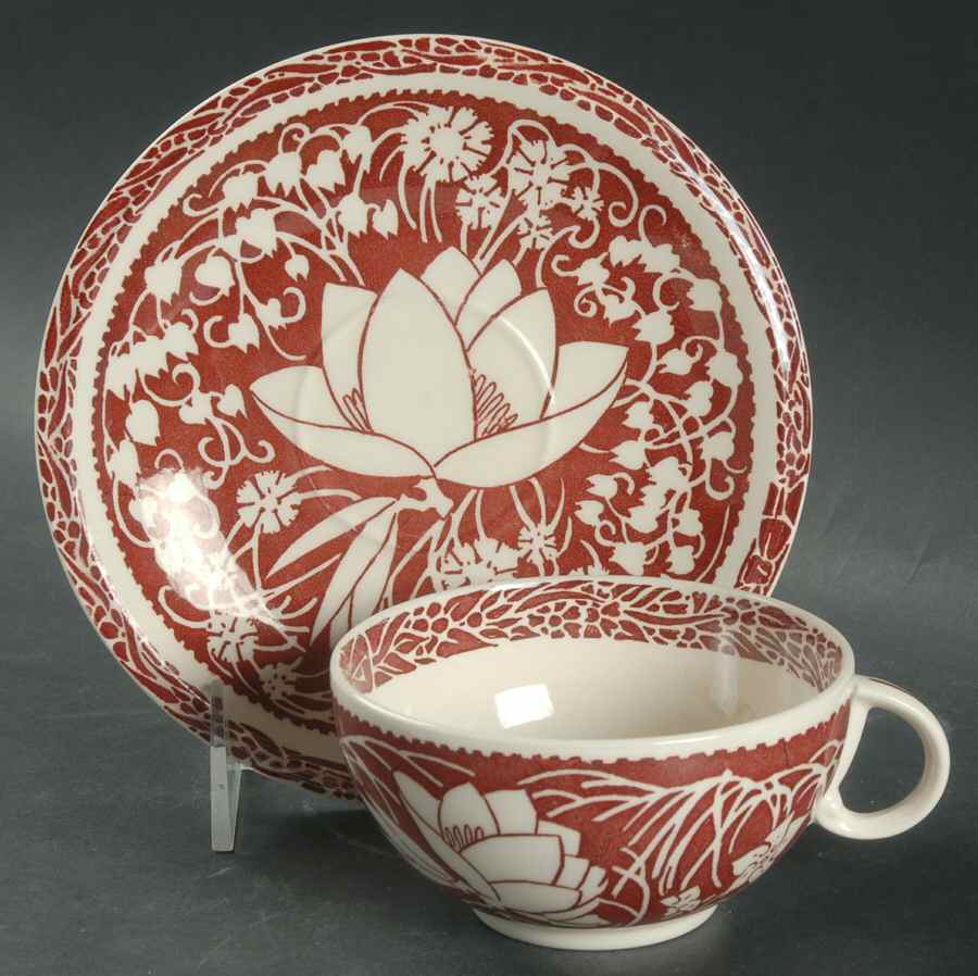 Hawaiian Flowers Maroon Flat Cup & Saucer Set by Metlox - Poppytrail - Vernon-1