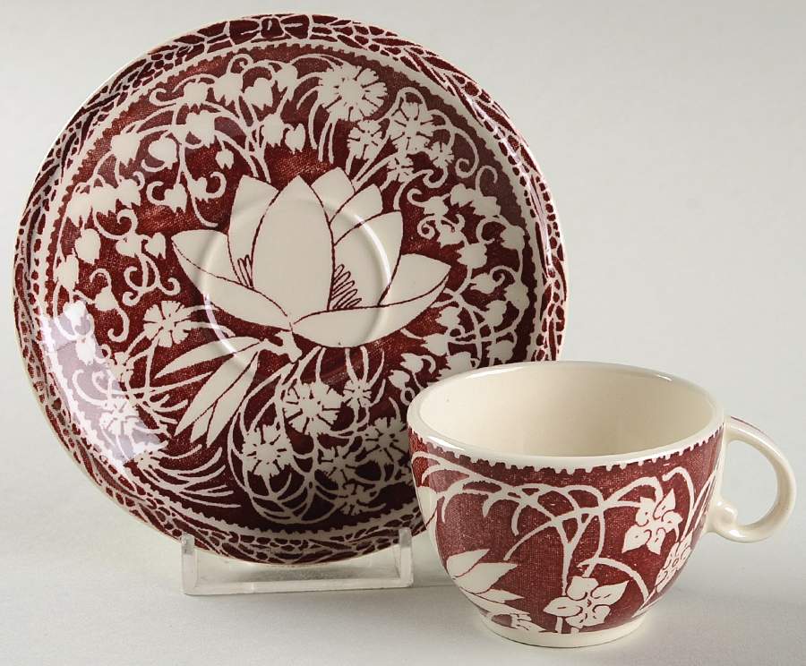 Hawaiian Flowers Maroon Flat Demitasse Cup & Saucer Set by Metlox - Poppytrail - Vernon-1