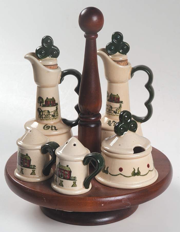 Homestead Provincial (9 Piece) Condiment Set (Jar, S&P, V&O &Wood Base) by Metlox - Poppytrail - Vernon-1