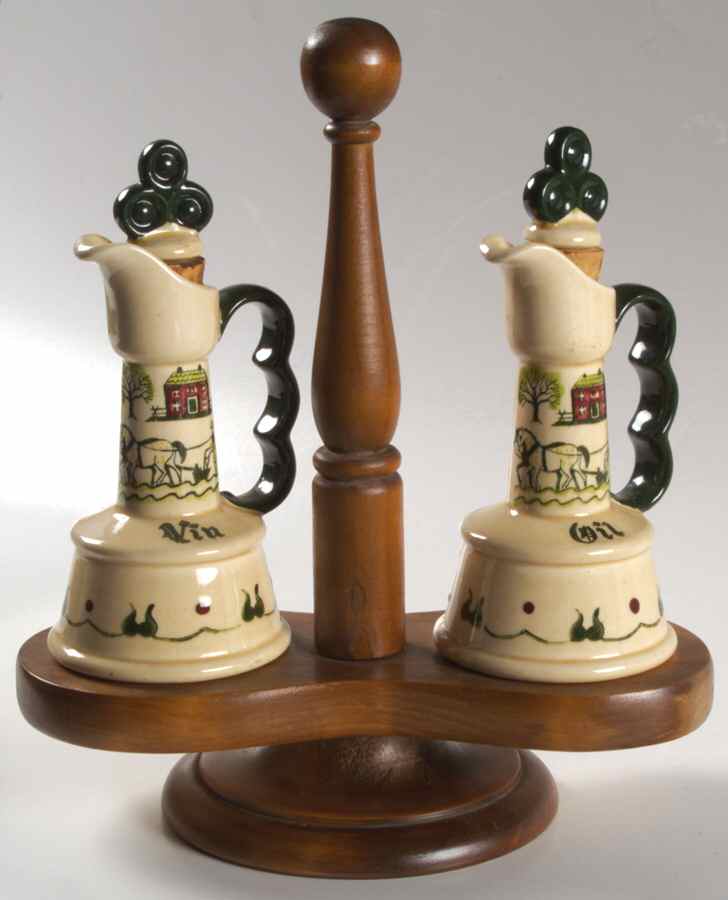 Homestead Provincial Vinegar and Oil Set with Wood Stand by Metlox - Poppytrail - Vernon-1