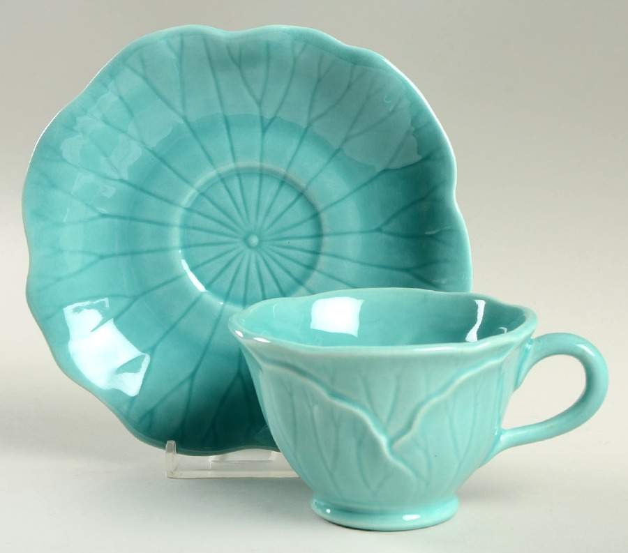 Lotus Aqua (Second Series) Footed Cup & Saucer Set by Metlox - Poppytrail - Vernon-1