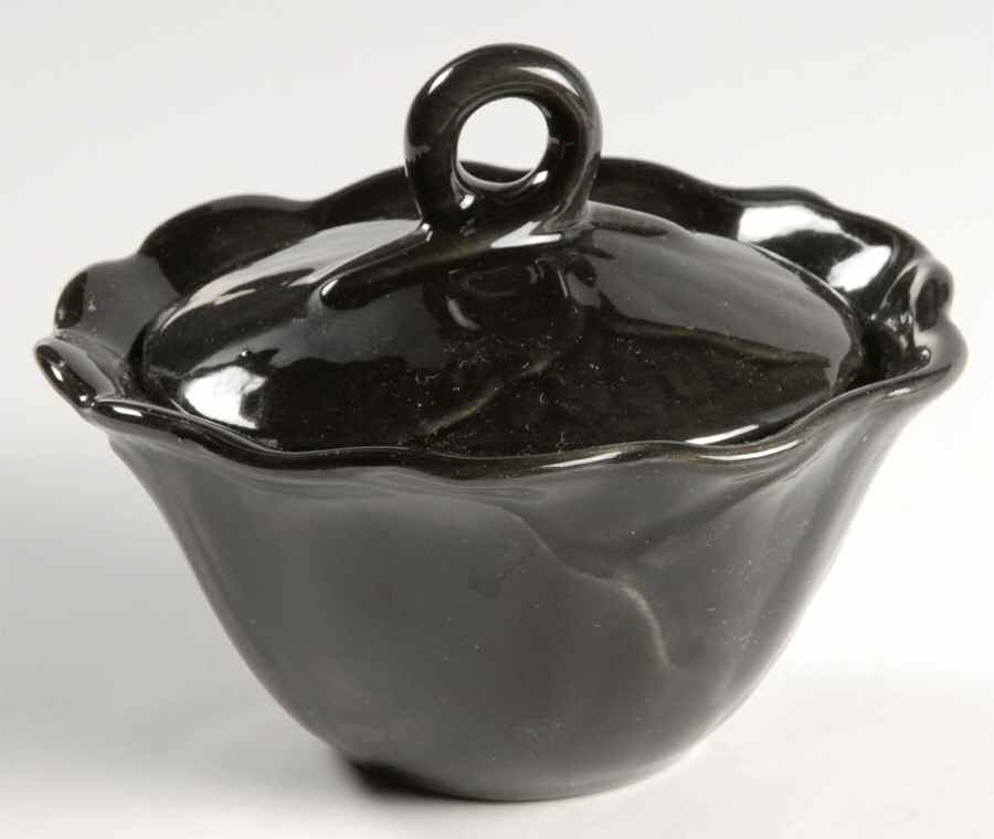 Lotus Black (Glossy) Sugar Bowl & Lid by Metlox - Poppytrail - Vernon-1