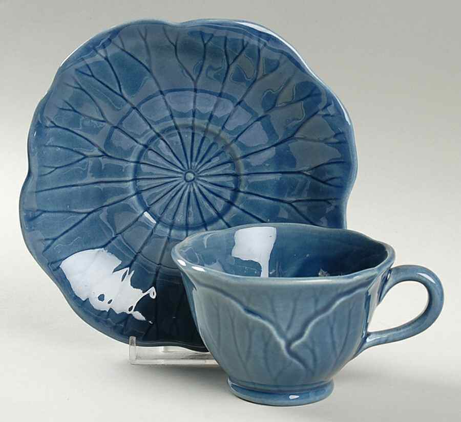 Lotus Medium Blue Footed Cup & Saucer Set by Metlox - Poppytrail - Vernon-1