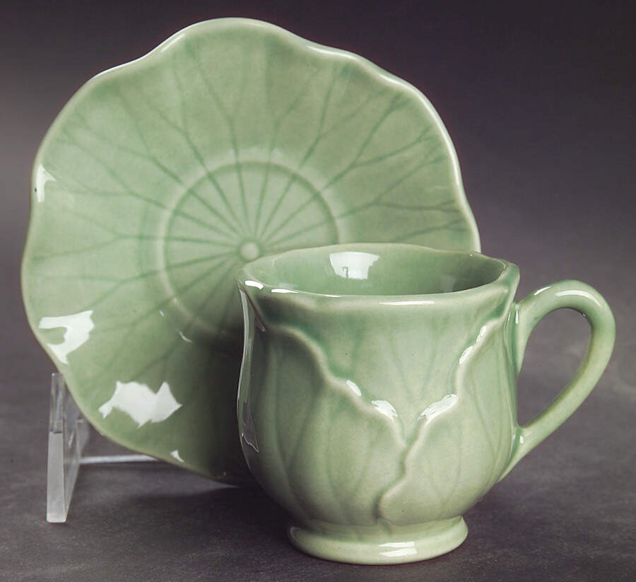 Lotus Jade Green Footed Demitasse Cup & Saucer Set by Metlox - Poppytrail - Vernon-1