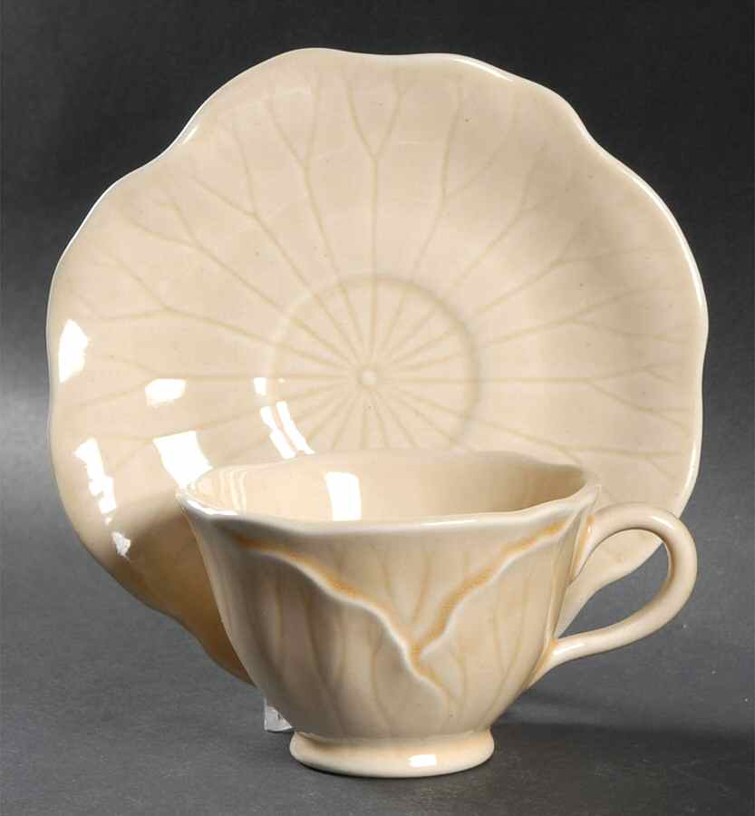 Lotus Sand Footed Cup & Saucer Set by Metlox - Poppytrail - Vernon-1