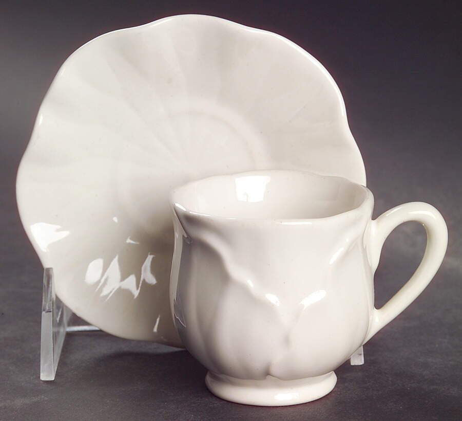 Lotus White Footed Demitasse Cup & Saucer Set by Metlox - Poppytrail - Vernon-1