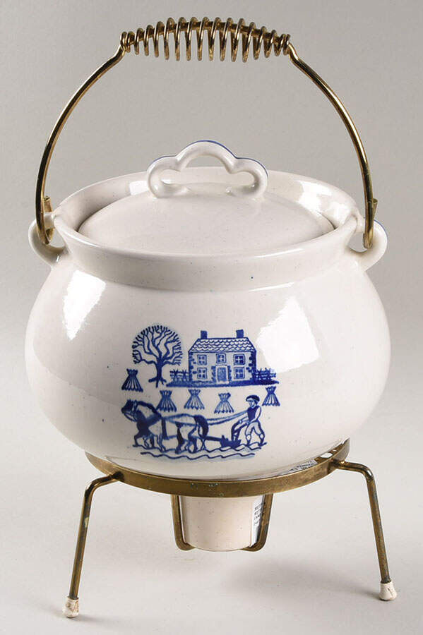 Provincial Blue Kettle Casserole & Warmer Stand with Candle Holder by Metlox - Poppytrail - Vernon-1