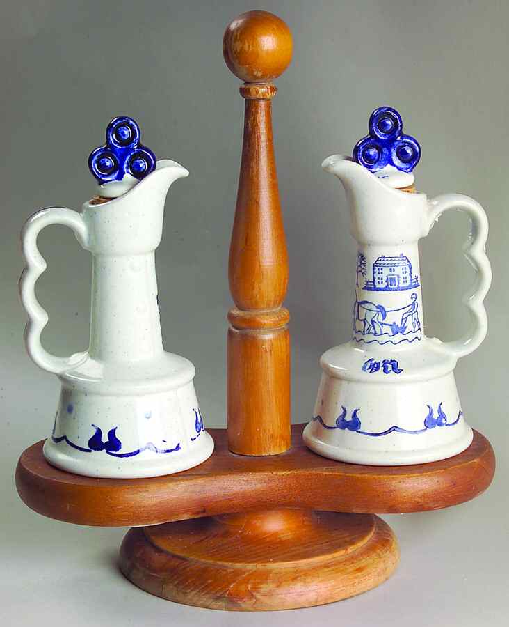 Provincial Blue Vinegar and Oil Set with Wood Stand by Metlox - Poppytrail - Vernon-1