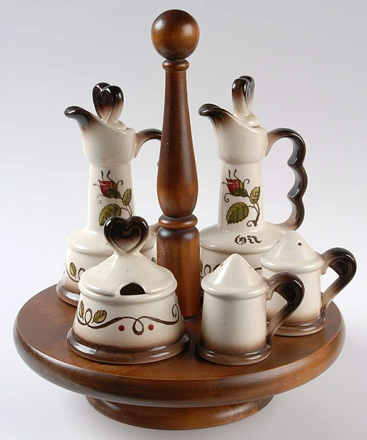 Provincial Rose (9 Piece) Condiment Set (Jar, S&P, V&O &Wood Base) by Metlox - Poppytrail - Vernon-1
