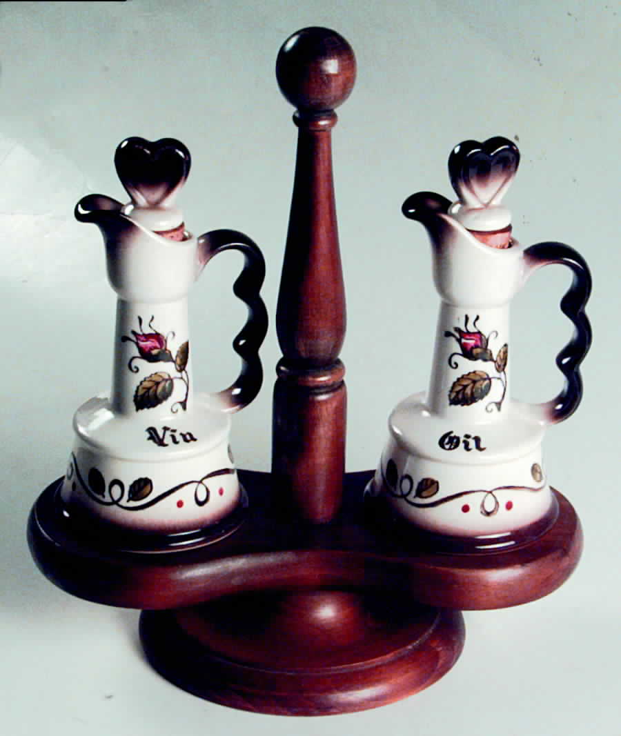 Provincial Rose Vinegar and Oil Set with Wood Stand by Metlox - Poppytrail - Vernon-1