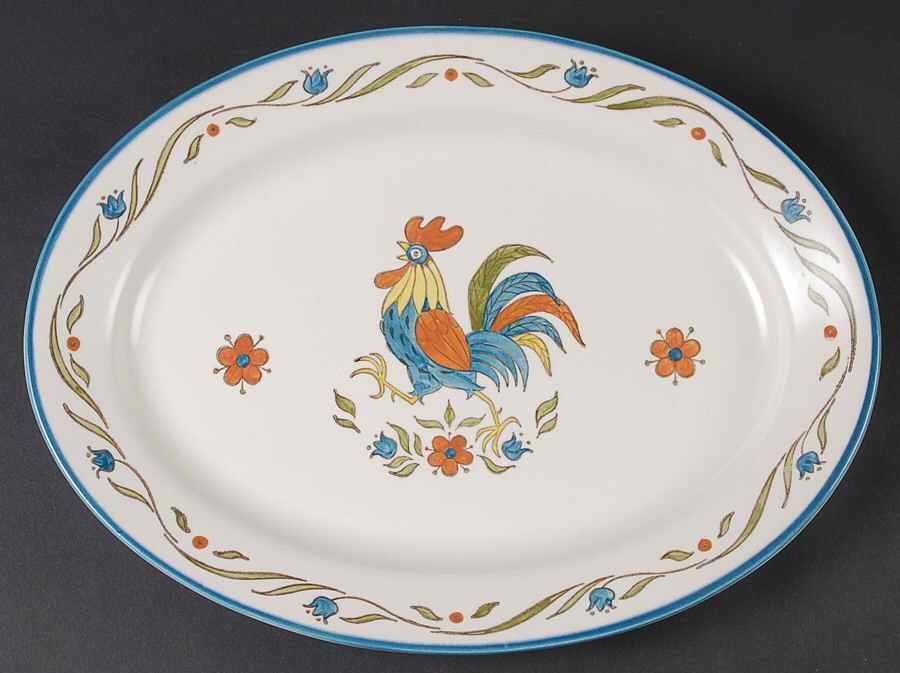 Rooster Bleu 13" Oval Serving Platter by Metlox - Poppytrail - Vernon-1