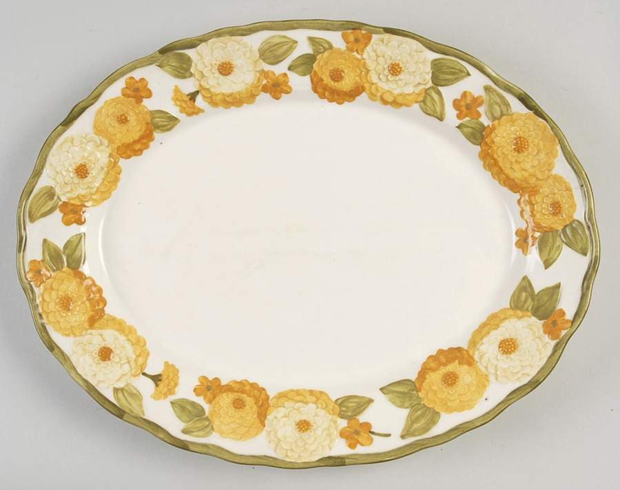 Sculptured Zinnia 14" Oval Serving Platter by Metlox - Poppytrail - Vernon-1