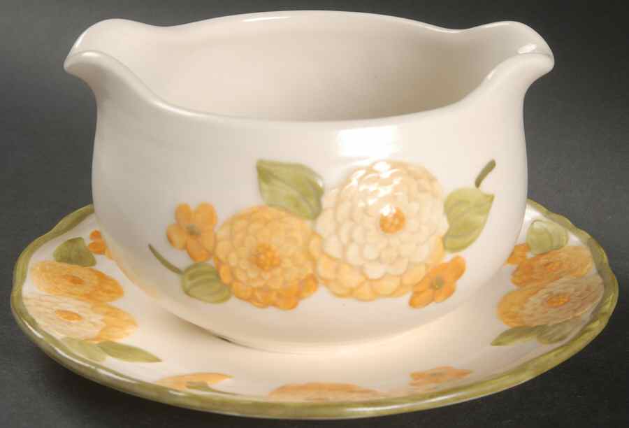 Sculptured Zinnia Round Gravy Boat/Attached Underplate by Metlox - Poppytrail - Vernon-1