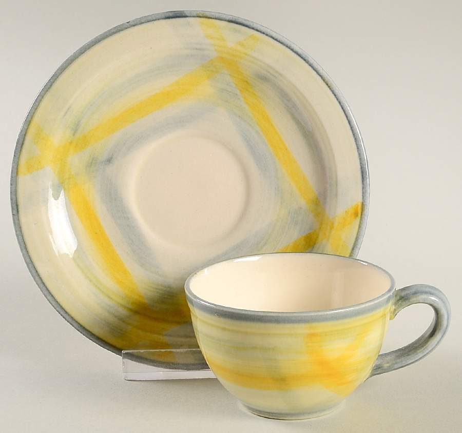Tweed Grey and Yellow Flat Demitasse Cup & Saucer Set by Metlox - Poppytrail - Vernon-1