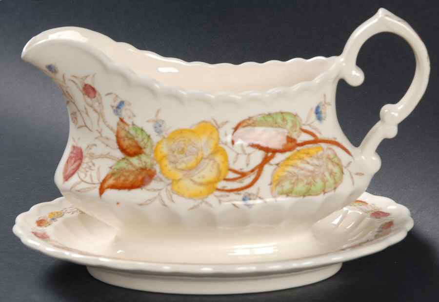 Vernon Rose Yellow Gravy Boat with Attached Underplate by Metlox - Poppytrail - Vernon-1