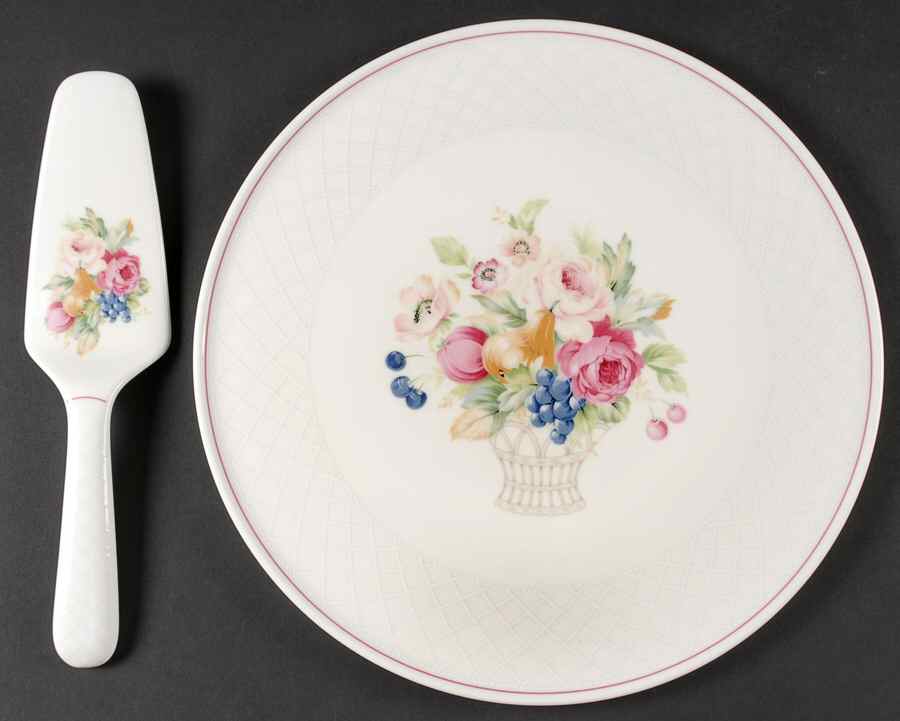 English Bouquet Cake Plate & Solid Ceramic Server Set (No Box) by Mikasa-1