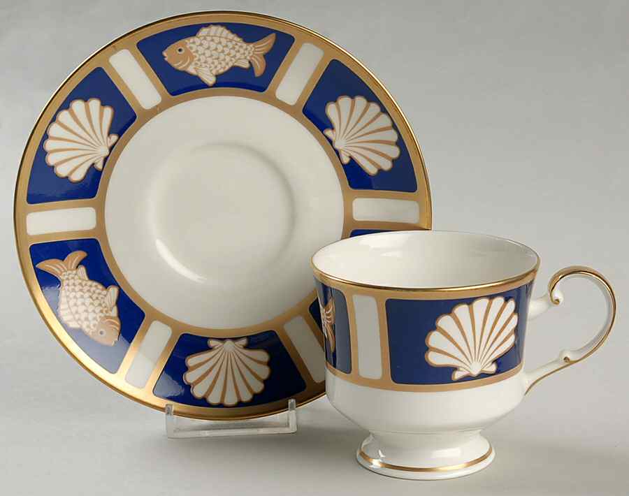 Fish and Shell Blue (Narumi) Footed Cup & Saucer Set by Mikasa-1