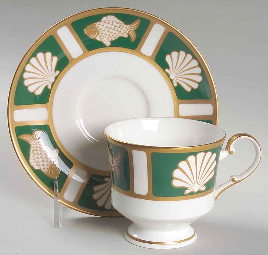 Fish and Shell Green (Narumi) Footed Cup & Saucer Set by Mikasa-1