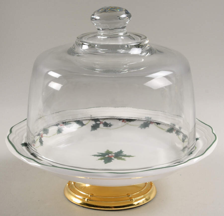 Holiday Holly 6 1/2"-7 1/2" Footed Cheese Plate w/ Glass Dome HC by Mikasa-1