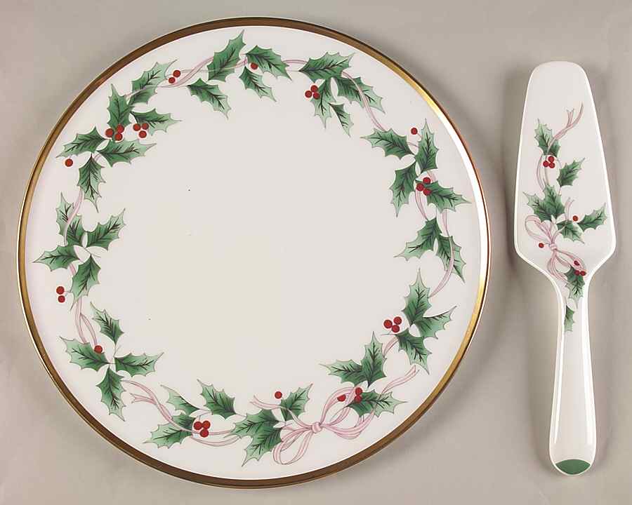 Ribbon Holly Cake Plate & Solid Ceramic Server Set (No Box) by Mikasa-1