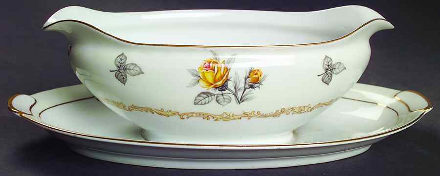 Fortune (Yellow Roses, Gray Leaves) Gravy Boat with Attached Underplate by Mikado-1