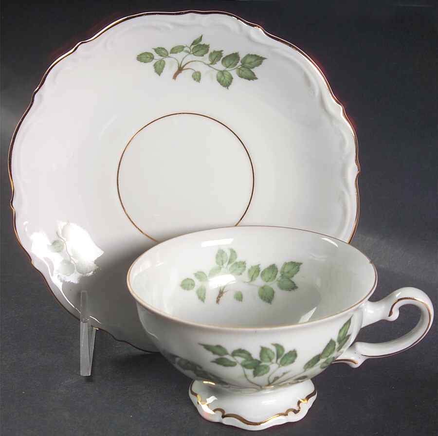 Green Leaves Footed Cup & Saucer Set by Mitterteich-1