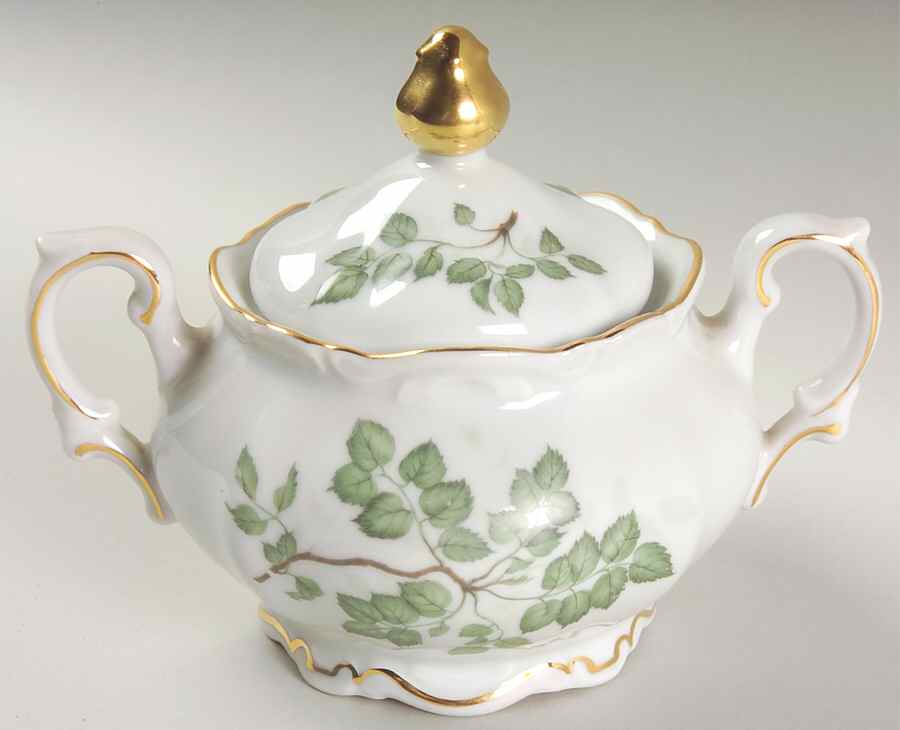 Green Leaves Sugar Bowl & Lid by Mitterteich-1