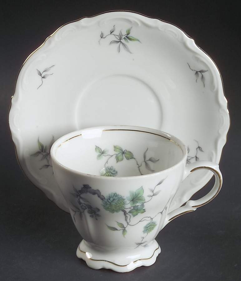 Green Ming (9901, Gold Trim) Footed Cup & Saucer Set by Mitterteich-1