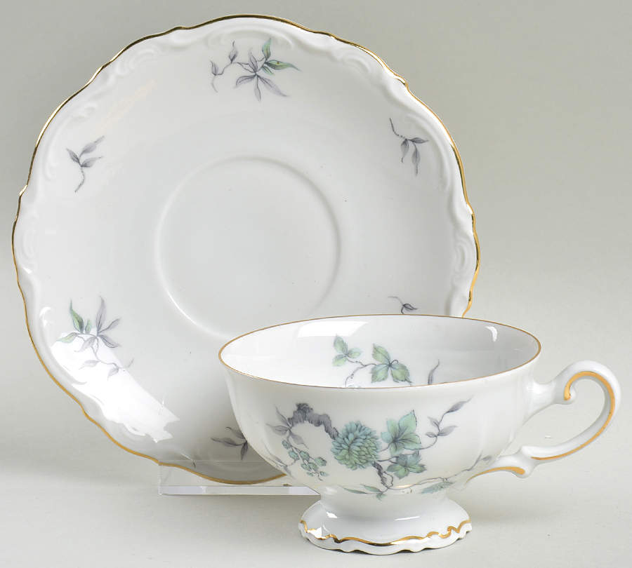Green Ming (9901, Gold Trim) Footed Cup & Saucer Set by Mitterteich-1