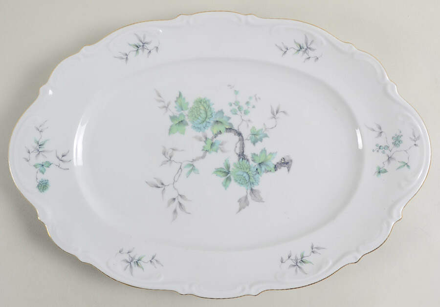 Green Ming (9901, Gold Trim) 14" Oval Serving Platter by Mitterteich-1