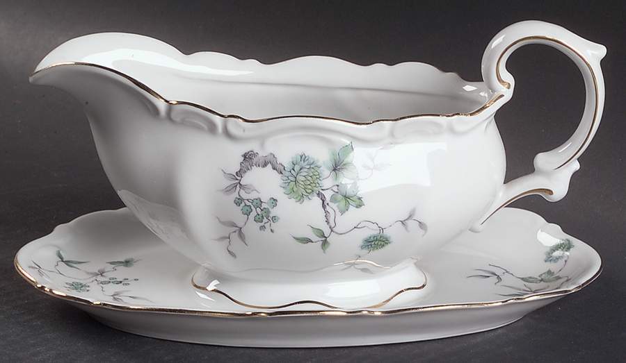 Green Ming (9901, Gold Trim) Gravy Boat with Attached Underplate by Mitterteich-1