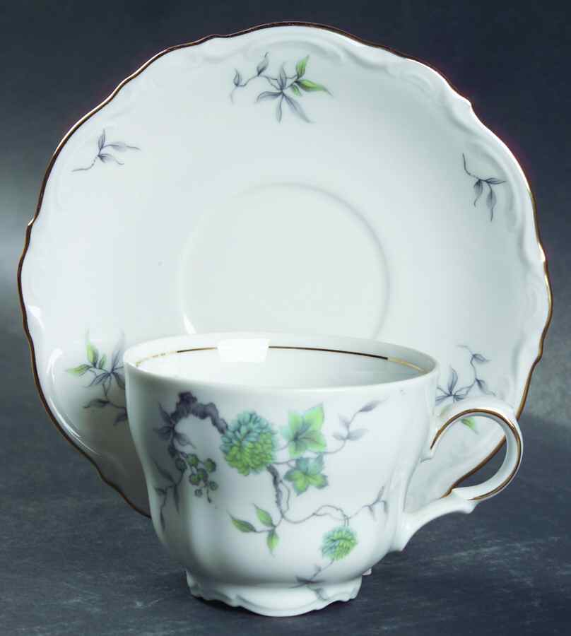 Green Ming (9901, Gold Trim) Flat Cup & Saucer Set by Mitterteich-1