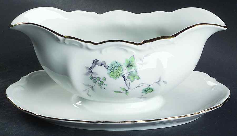 Green Ming (9901, Gold Trim) Gravy Boat with Attached Underplate by Mitterteich-1