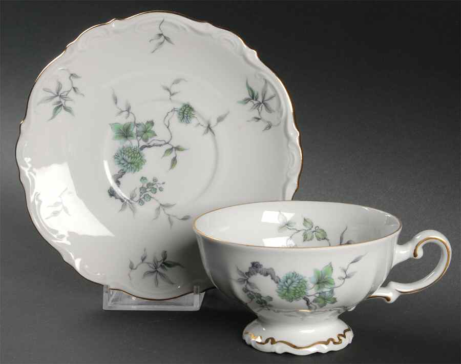 Green Ming (9901, Gold Trim) Footed Cup & Saucer Set by Mitterteich-1