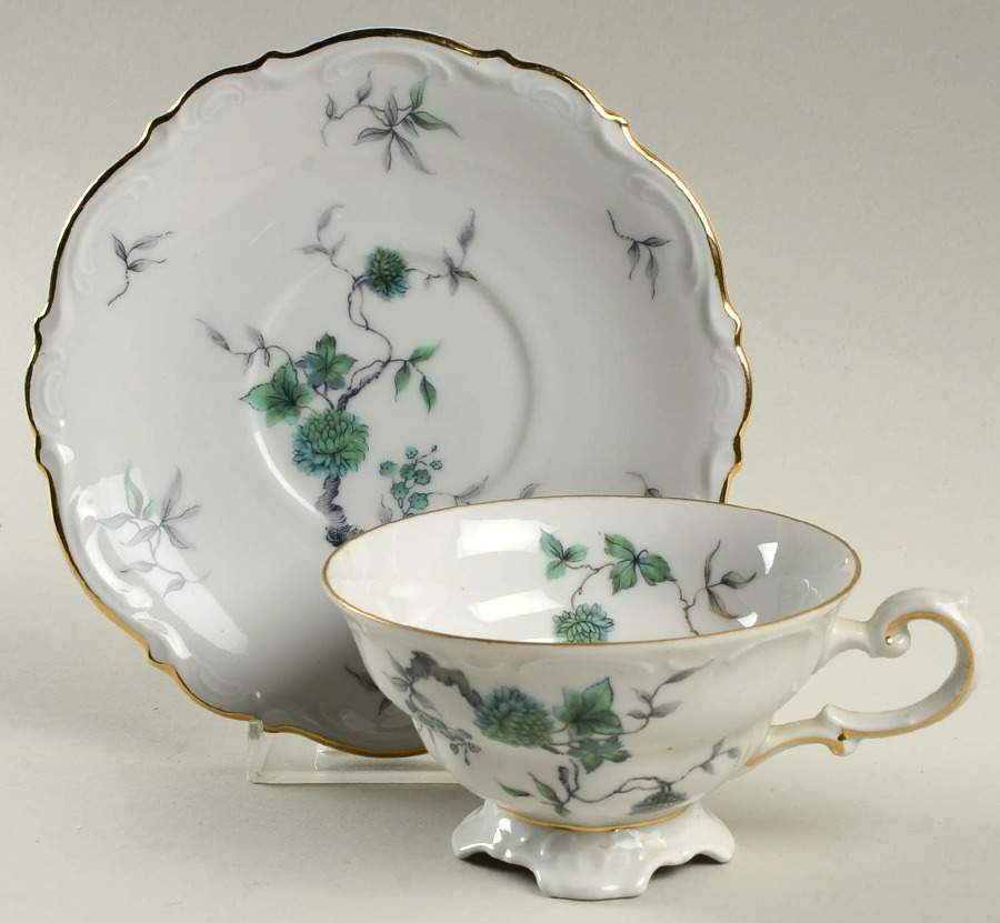 Green Ming (9901, Gold Trim) Footed Cup & Saucer Set by Mitterteich-1