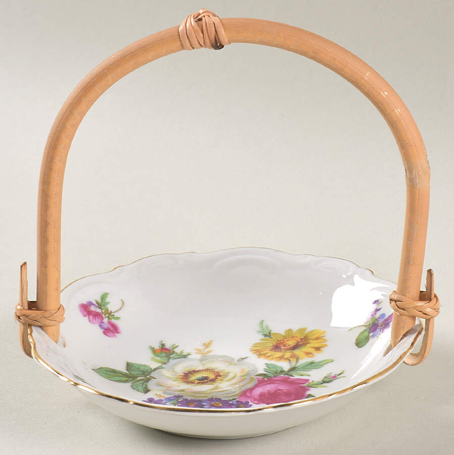 Meissen Floral 7''-7 1/4'' Basket W/Bamboo Handle HC by Mitterteich-1