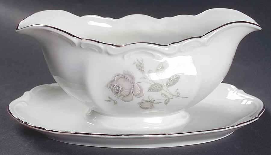 Mystic Rose (Platinum Trim) Gravy Boat with Attached Underplate by Mitterteich-1