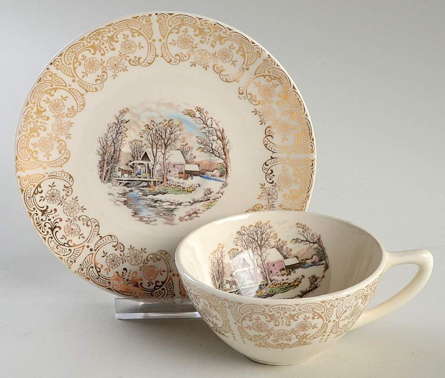 Currier & Ives (Rim, Smooth) Flat Cup & Saucer Set by Mount Clemens-1