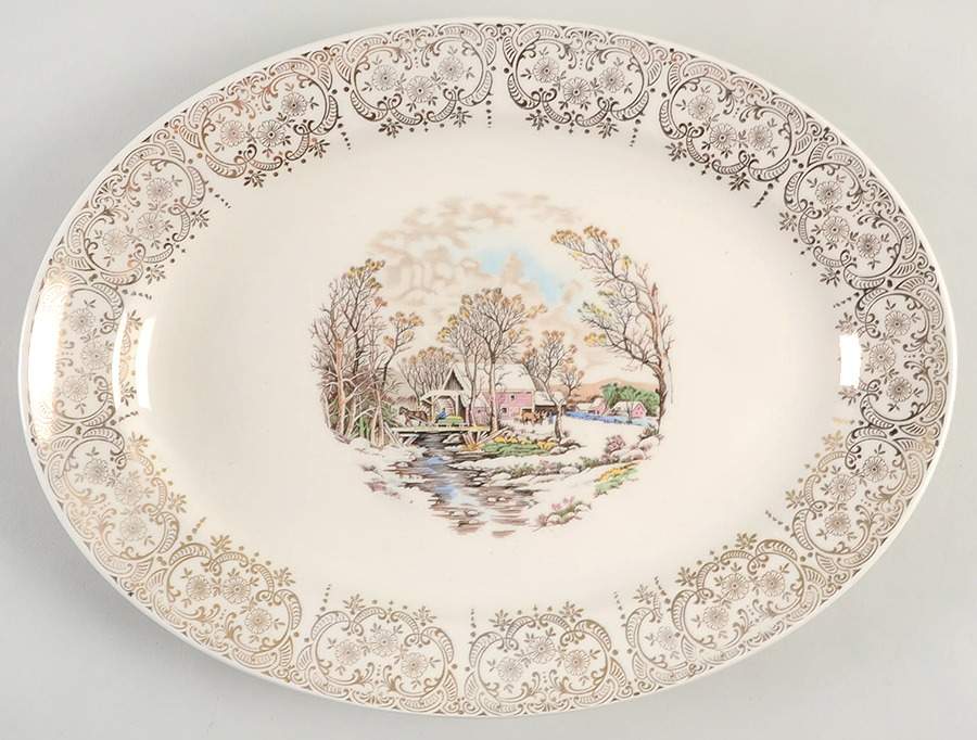 Currier & Ives (Rim, Smooth) 14" Oval Serving Platter by Mount Clemens-1