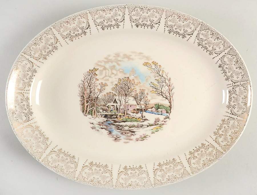 Currier & Ives (Rim, Smooth) 13" Oval Serving Platter by Mount Clemens-1