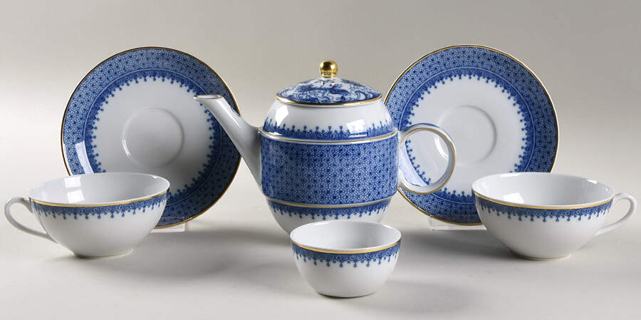 Blue Lace Tea for Two (Teapot, 2 Cup/Saucer, Tea Bag Holder) by Mottahedeh-1